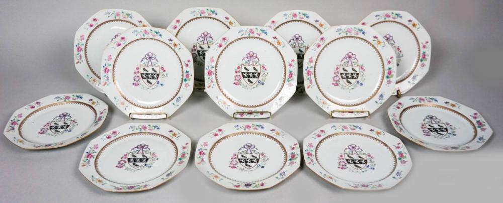 SET OF 12 CHINESE EXPORT FAMILLE ROSE ARMORIAL OCTAGONAL DISHES, 18TH CENTURY, BEARING ARMS OF NICHOLAS OF GLOUCESTER, DEVON, SOMERS...