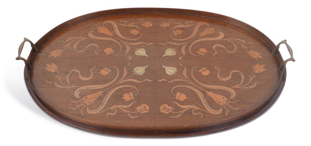 EDWARDIAN BRASS AND MARQUETRY INLAID MAHOGANY TRAY, EARLY 20TH CENTURY 27 x 17 1/2 in. (68.6 x 44.5 cm.)