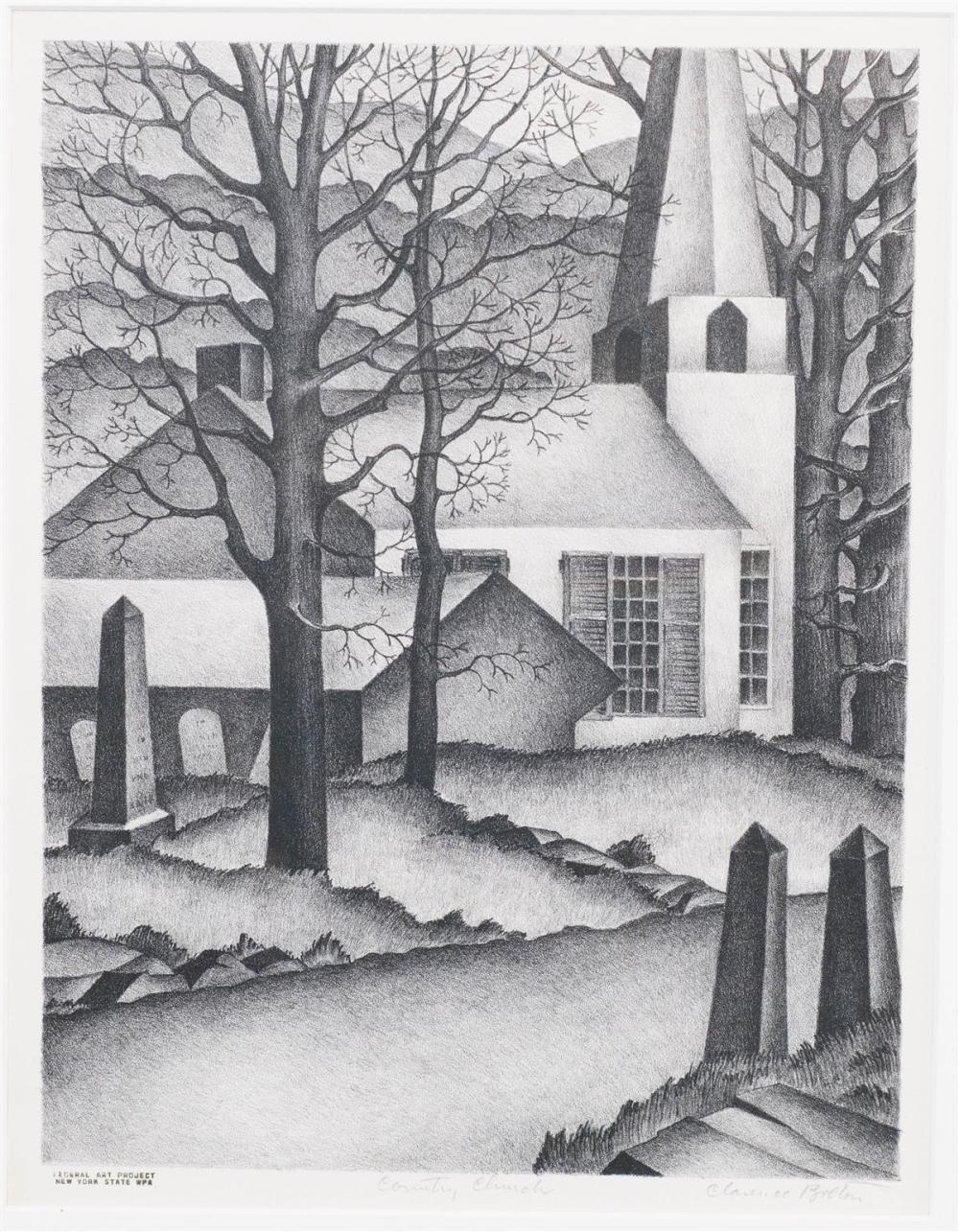 CLARENCE WHEELER BOLTON (AMERICAN, 1893-1962) COUNTRY CHURCH Lithograph: 13 1/4 x 10 1/4 in. (sight)