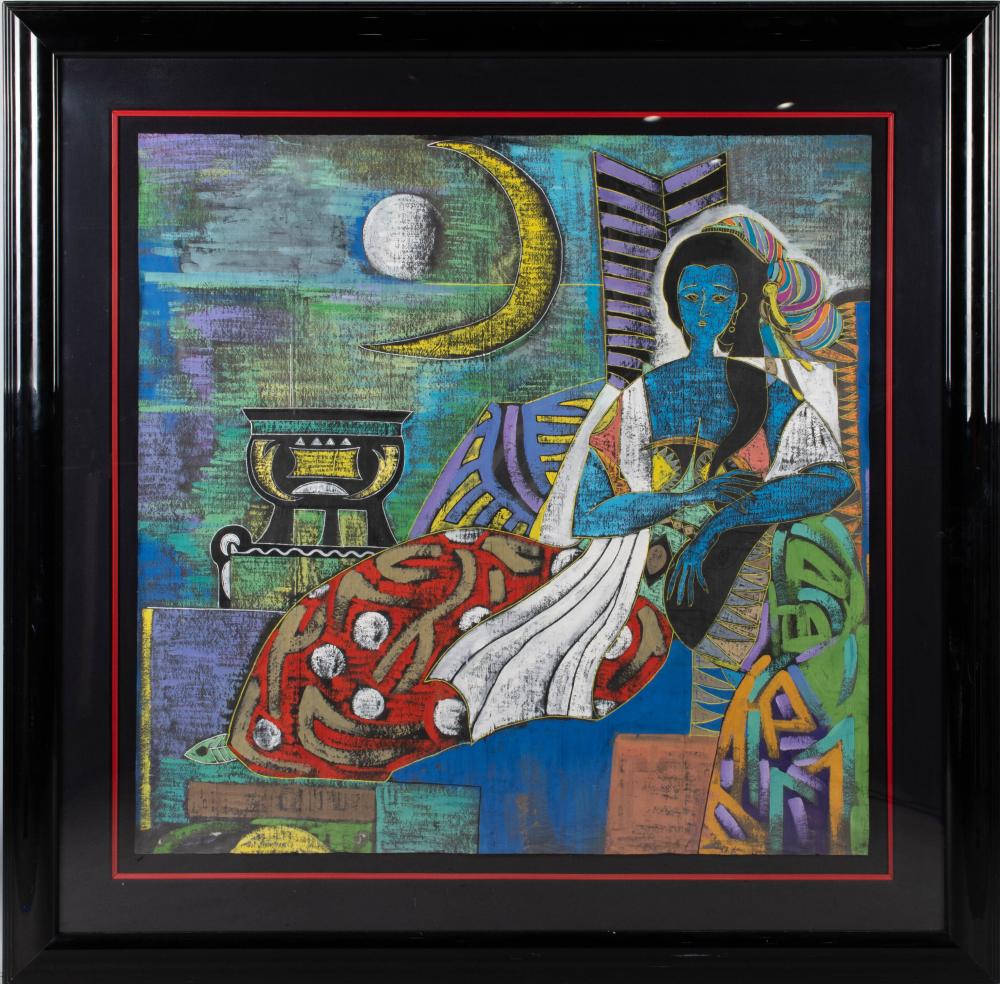 DANPEI, JAPANESE 20TH/21ST CENTURY, SEATED WOMAN, 1991, Mixed media on paper, Sheet: 38 x 38 in. (96.5 x 96.5 cm.), Frame: 52 3/4 x 53 1/4 in. (134 x 135.3 cm.)