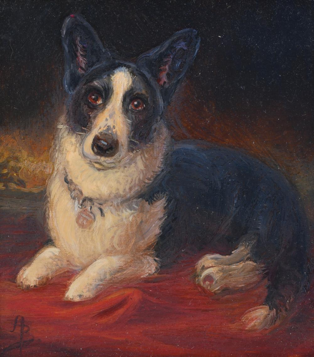 A B, 20TH/21ST CENTURY, CORGI ON A RED CUSHION, Oil on panel, Sight: 5 x 4 1/2 in. (12.7 x 11.4 cm.), Frame: 9 1/2 x 9 1/8 in. (24.1 x 23.2 cm.)