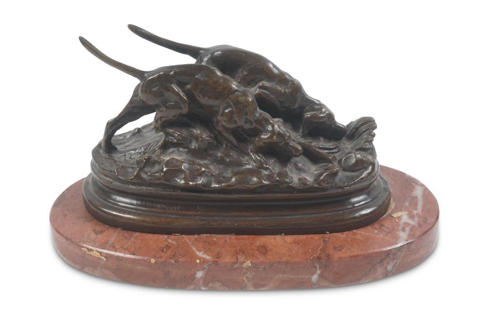 AFTER ANTOINE BARYE, FRENCH 1795-1875, DEUX CHIENS COURANT/ TWO HUNTING DOGS, Bronze on oval rouge-de-fer marble base, 3 1/2 x 6 1/4 x 2 3/4 in. (9 x 16 x 7 cm.)