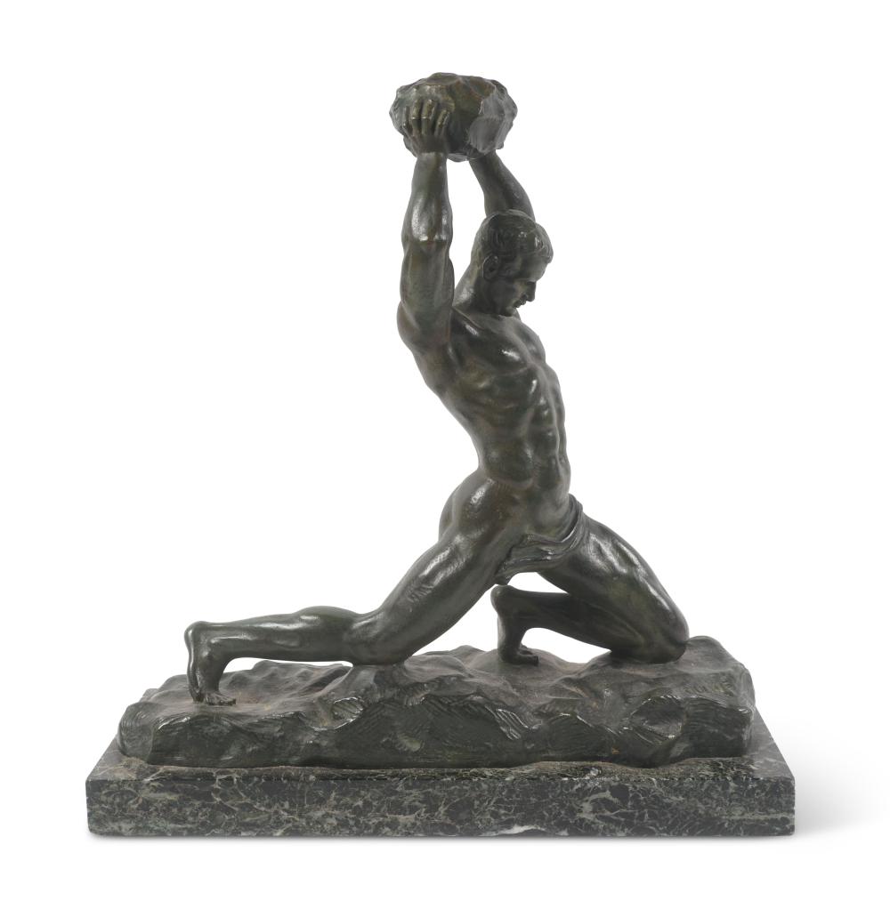 ALEXANDRE OULINE, BELGIAN, FRENCH Act. 1918-1940, FIGURE OF A MAN HOLDING A ROCK OVERHEAD, Bronze on marble base, 17 1/2 x 17 1/2 in. (44.5 x 44.5 cm.), 19 in. (48 cm.) high overall