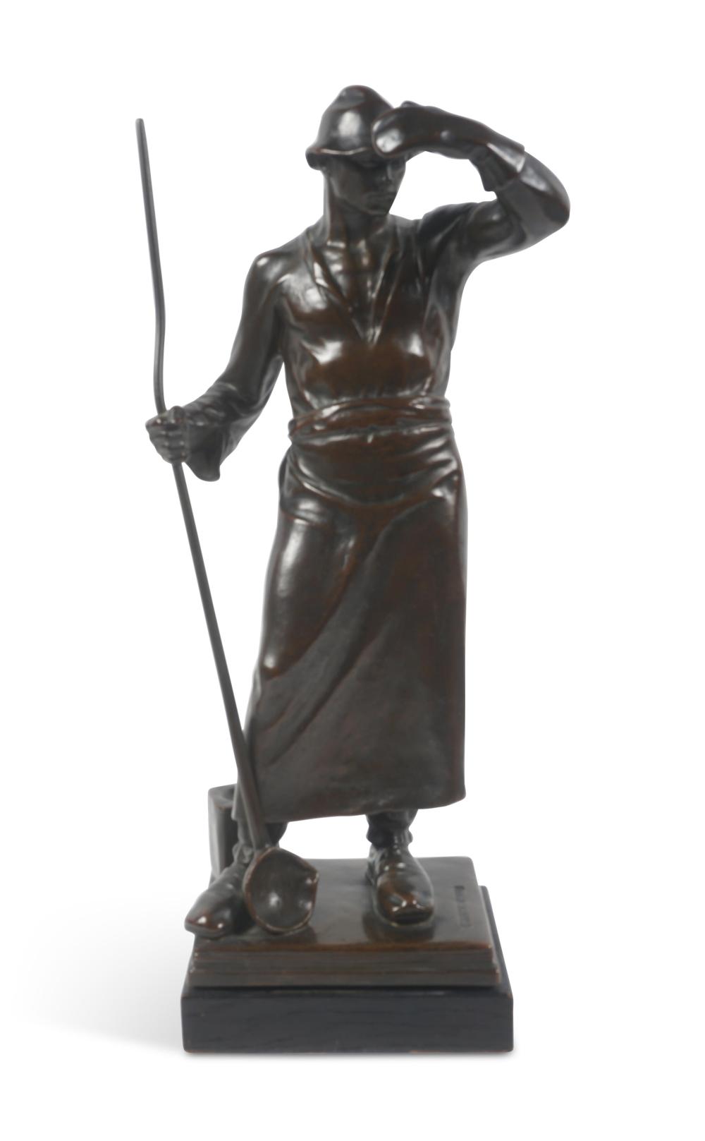 GERHARD ADOLF JANENSCH, POLISH/GERMAN 1860-1933, AN IRON WORKER, Bronze, on marble base, 16 1/2 x 6 x 4 3/4 in., (42 x 15 x 12 cm.), overall height: 17 1/2 in. high (44.5 cm.)