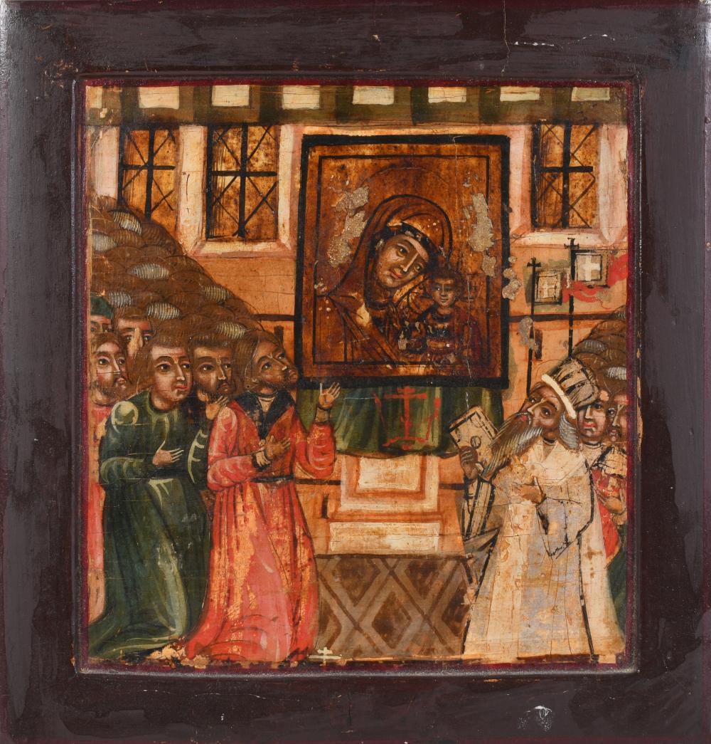 GREEK , 18TH/19TH CENTURY, ICON OF VENERATION OF THE VIRGIN MARY, Tempera on wood, 6 3/4 x 6 1/4 in. (17.1 x 15.9 cm.)