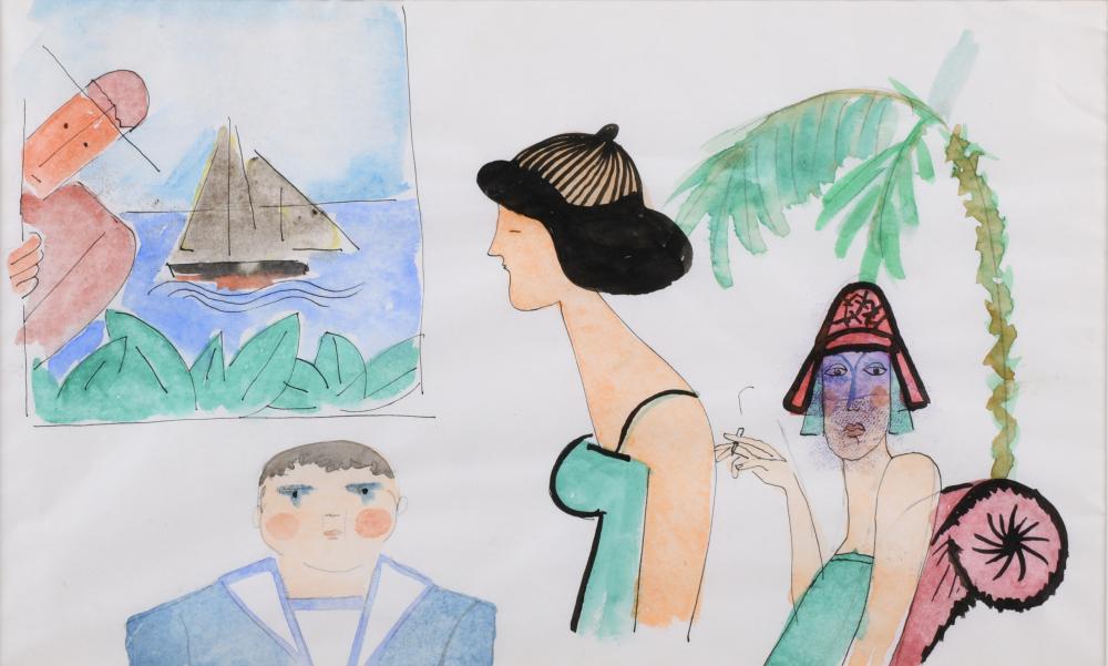 JULIEN OUTIN, FRENCH 1923-2005, INTERIOR WITH FIGURES AND A WINDOW, Watercolor, pen and ink on paper, 6 1/8 x 10 1/4 in. (15.6 x 26 cm.), Frame: 11 1/4 x 15 1/4 in. (28.6 x 38.7 cm.)
