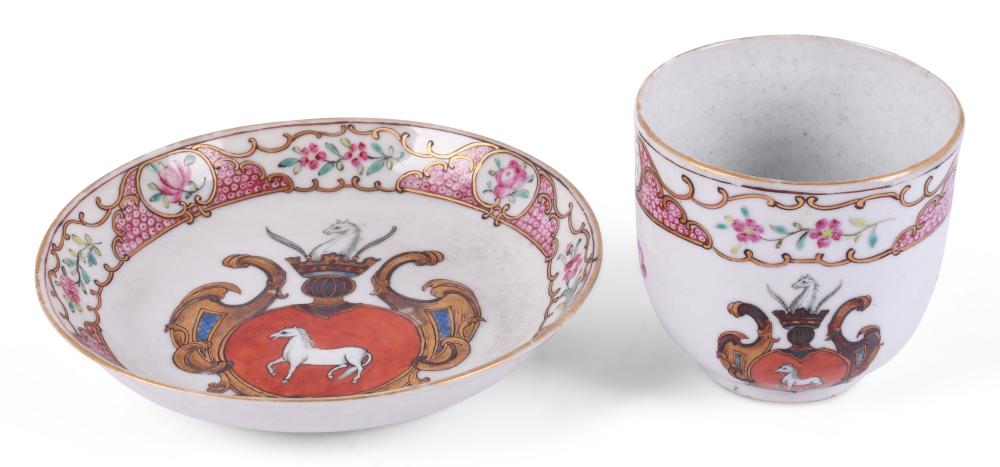 CHINESE EXPORT FAMILLE ROSE ARMORIAL TEA CUP AND SAUCER, 18TH CENTURY saucer diameter: 4 1/2 inches, cup height: 2 1/4 inches