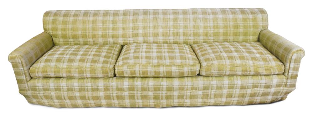 MID-CENTURY MODERN GREEN PLAID UPHOLSTERED SOFA, 30 x 101 1/4 x 30 1/2 in. (76.2 x 257.2 x 77.5 cm.)