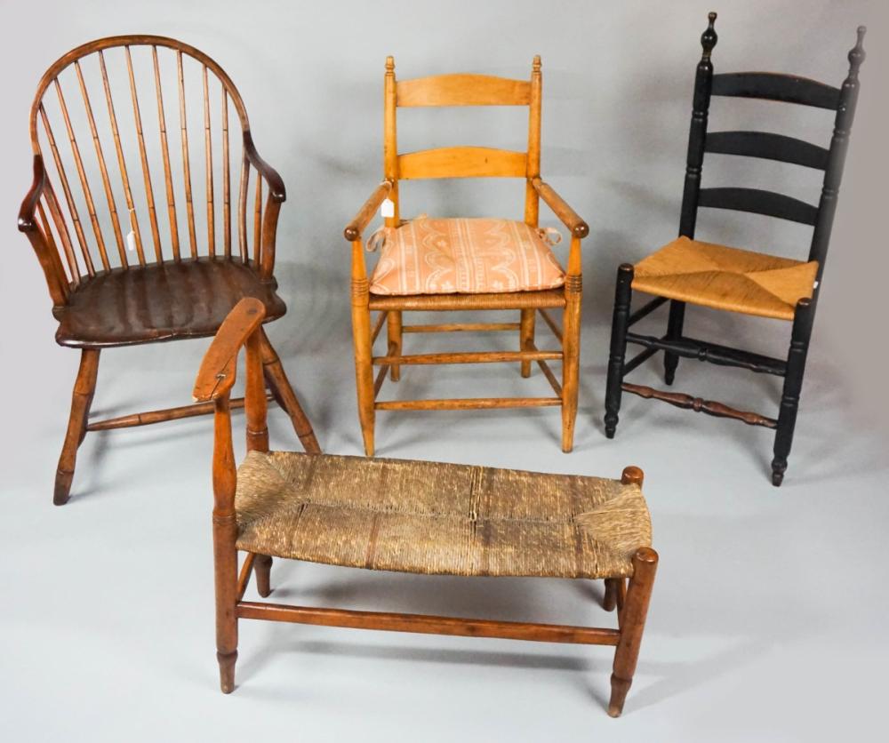 GROUP OF THREE CHAIRS AND A RUSH BENCH