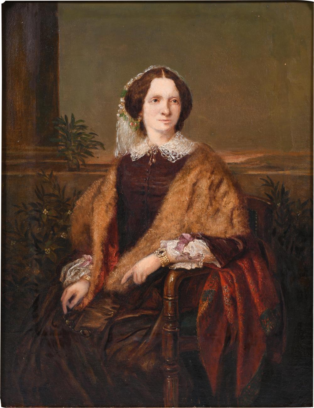 FRIEDRICH KIEHL, GERMAN 1813-1875, FULL LENGTH PORTRAIT OF A WOMAN, Oil on canvas, 17 3/4 x 14 in. (45.1 x 35.6 cm.), Frame: 24 1/2 x 21 in. (62.2 x 53.3 cm.)