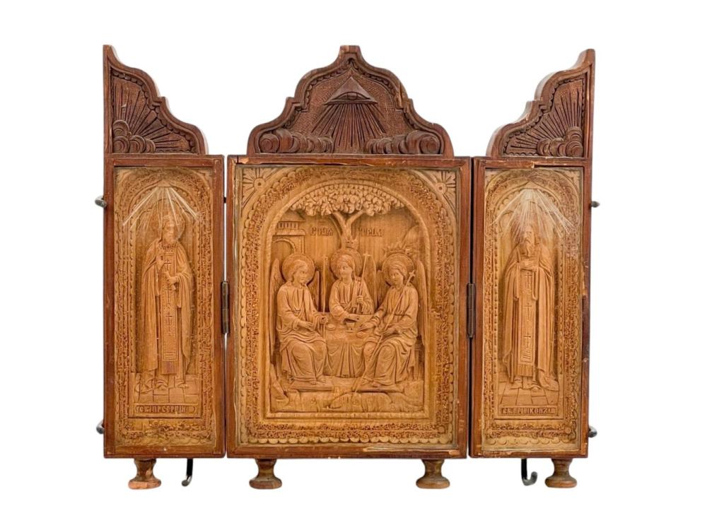Russian Holy Trinity carved wood triptych.
