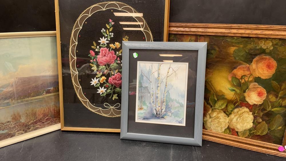 4 Vintage Framed Art - Needlepoint, Oil, Prints
