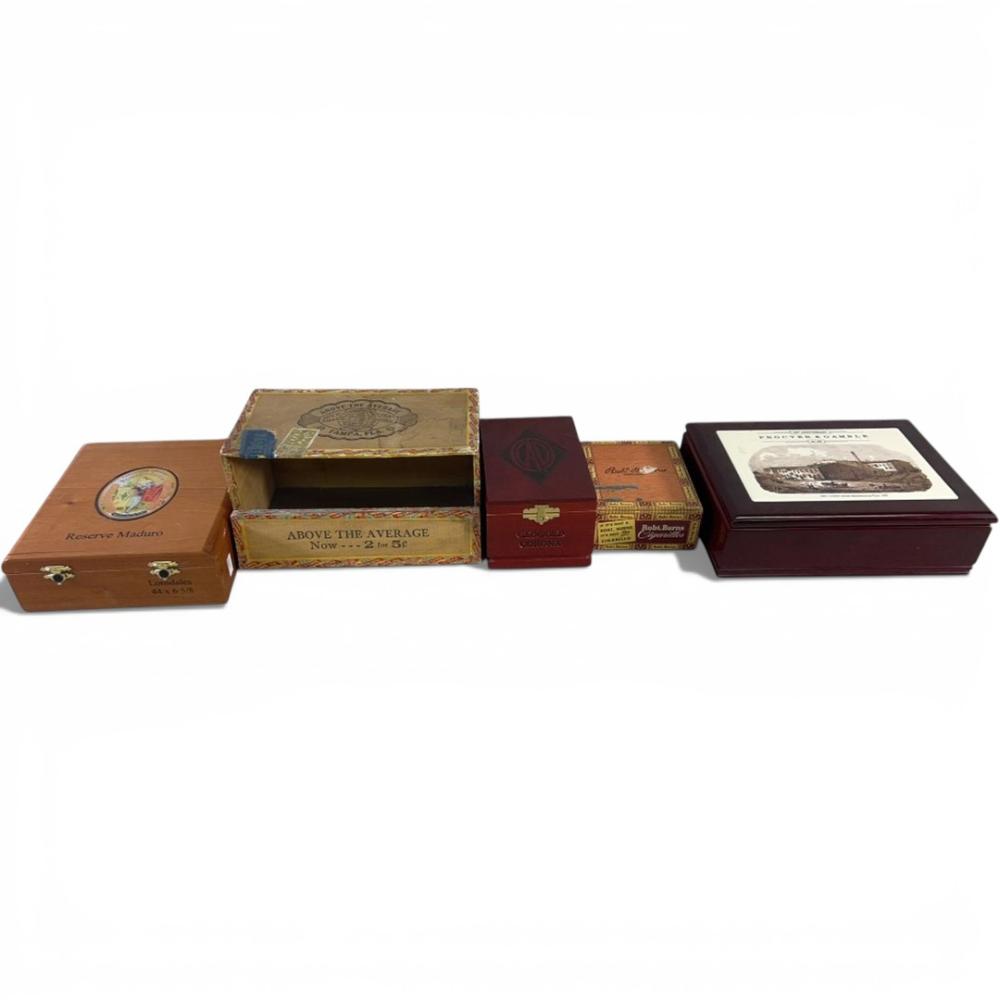 Five vintage cigar boxes made of wood