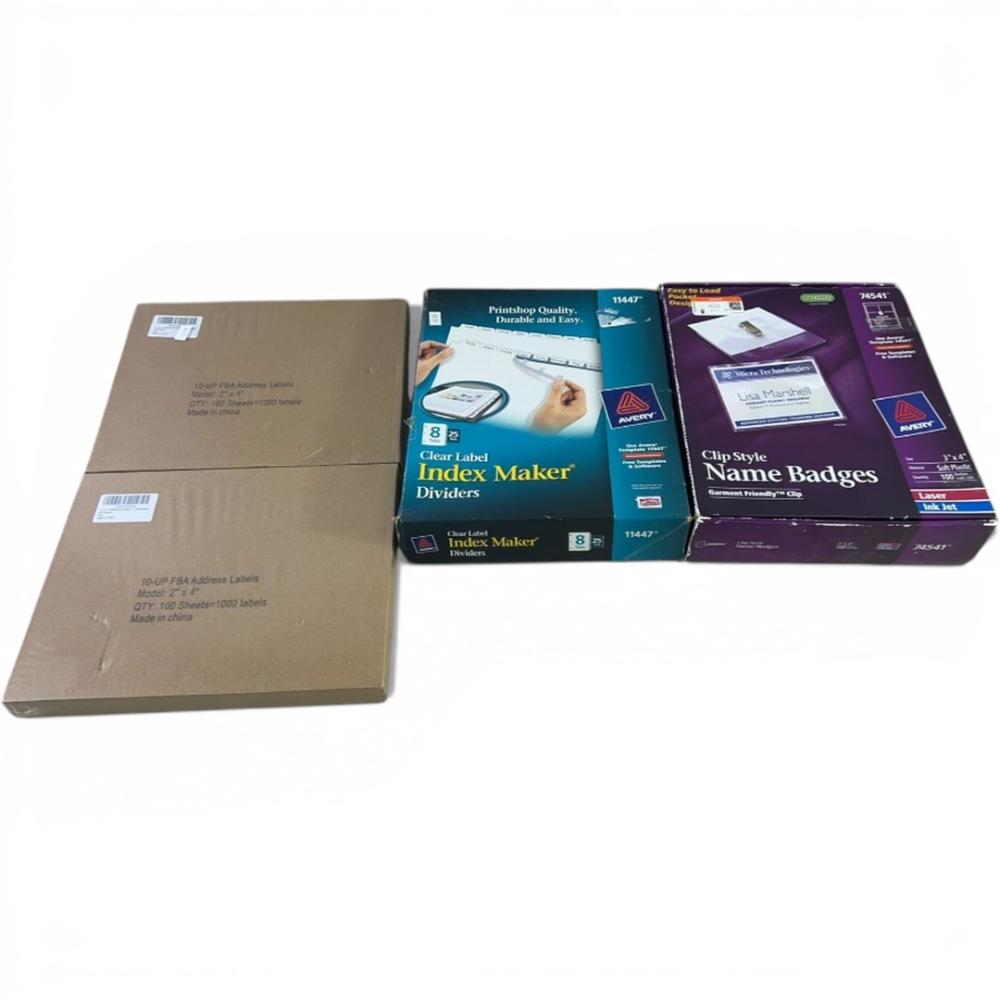 Assortment of index makers, name badges, and