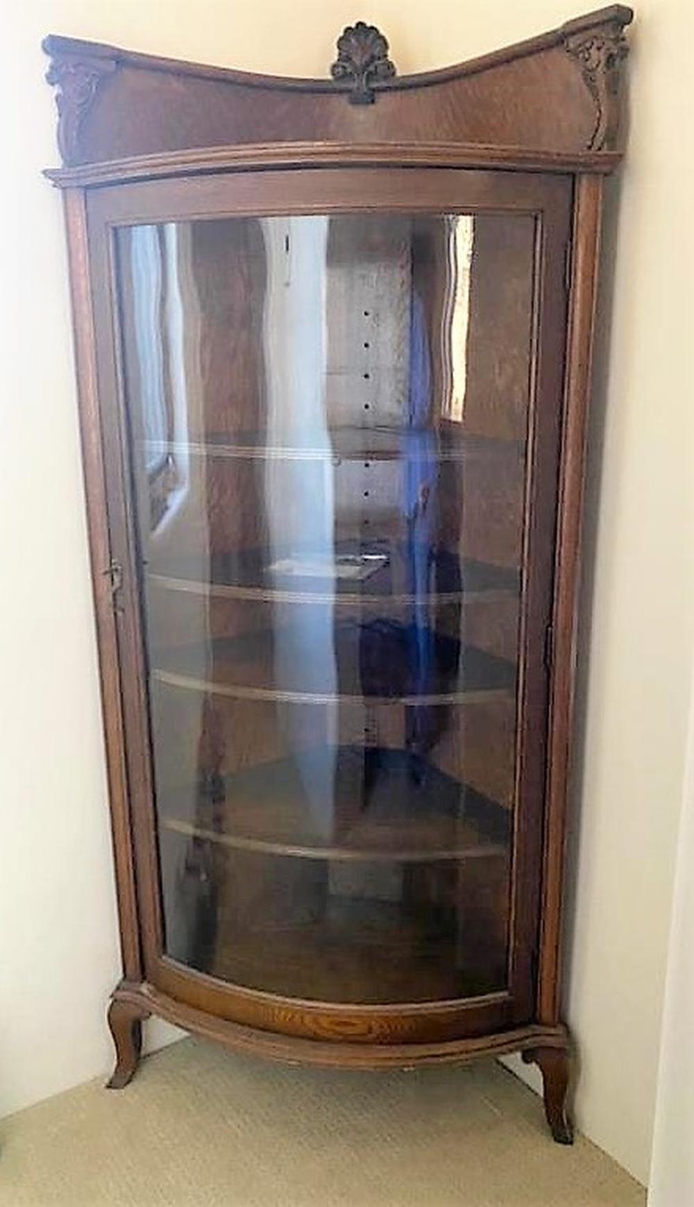 Antique Bow Front Glass Corner Curio Wooden Carved Lion Head