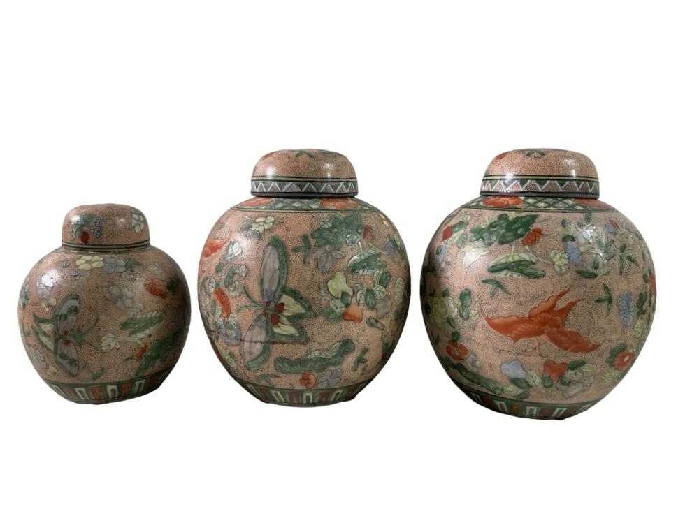 3pc Chinese Famille Verte butterfly Ginger Jar