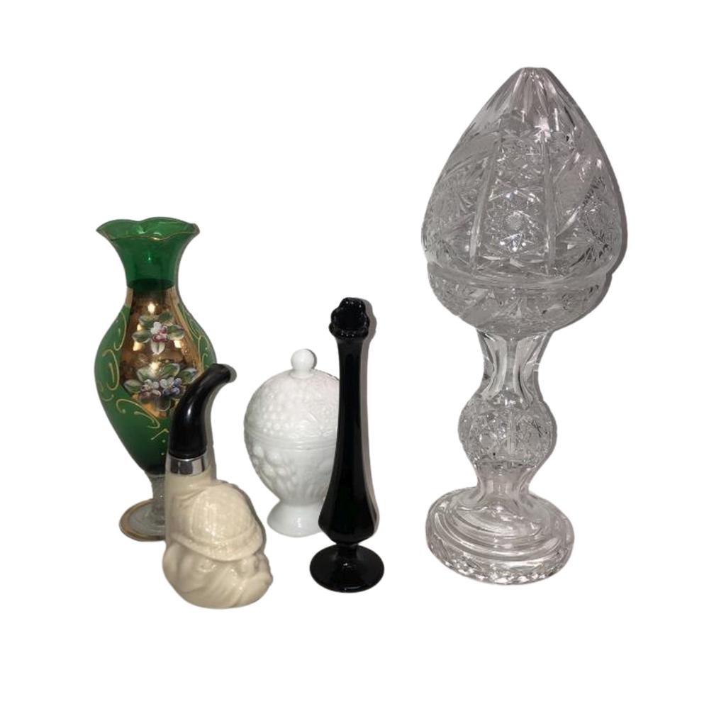 Bohemian Glass Vase, Crystal Lidded Dish, Viking
