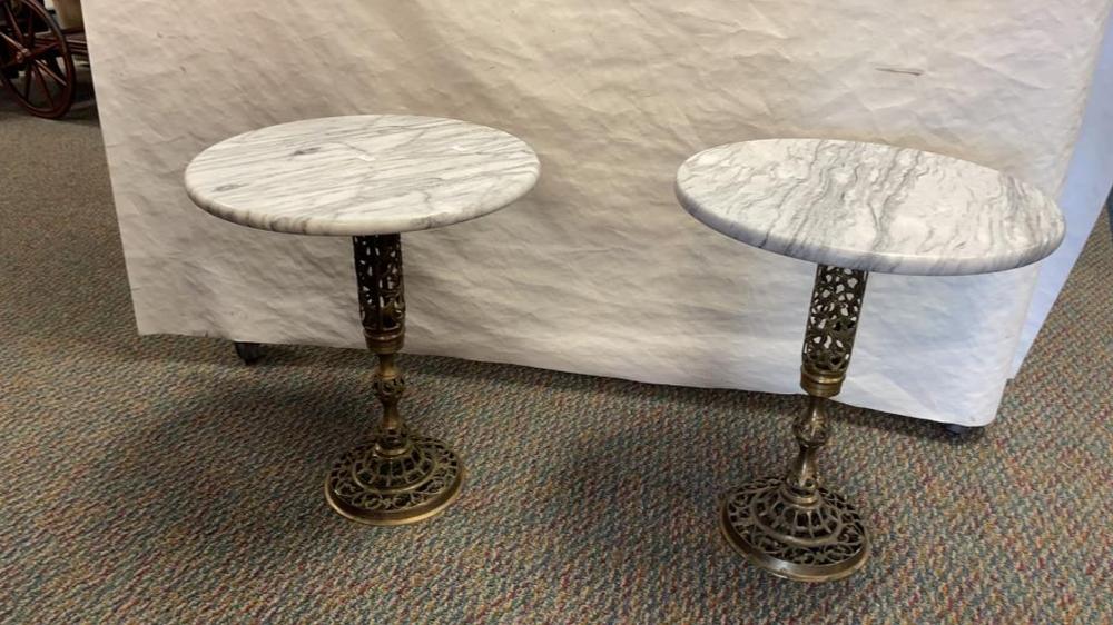 2 Antique Brass Leg Marble Top Side Tables