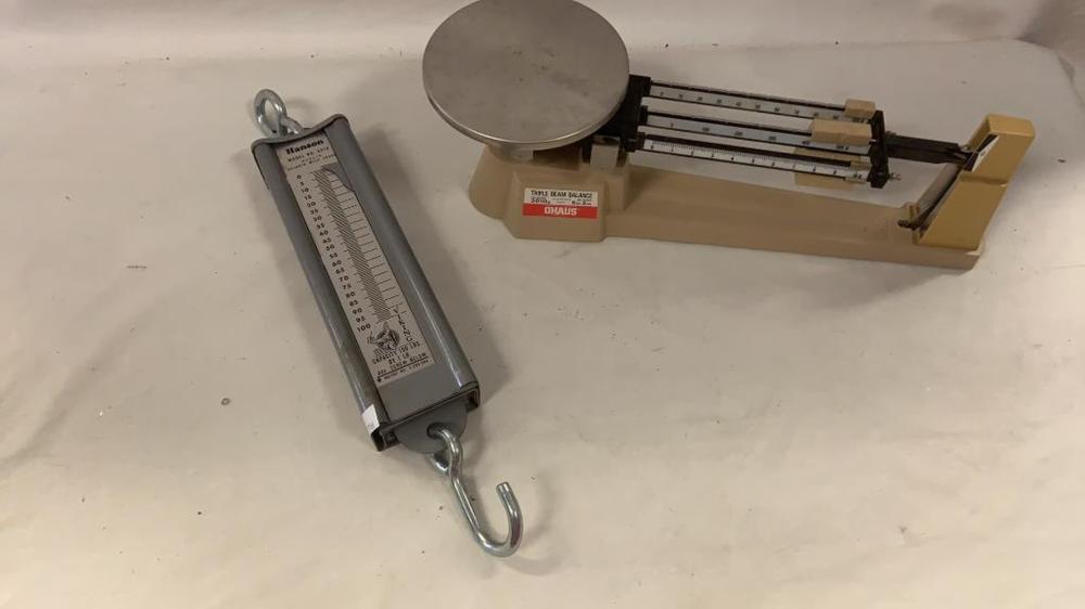 Ohaus triple beam scale and Hansen hanging scale