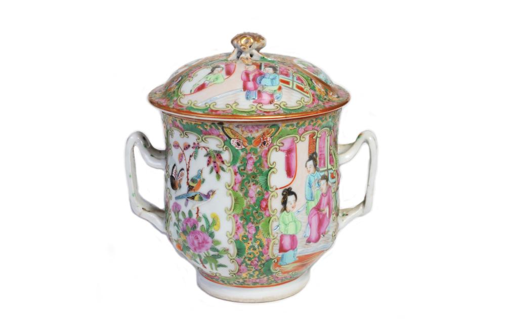 A cantonese sugar pot painted with noblemen alternating court scenes and birds and butterflies in discrete panels