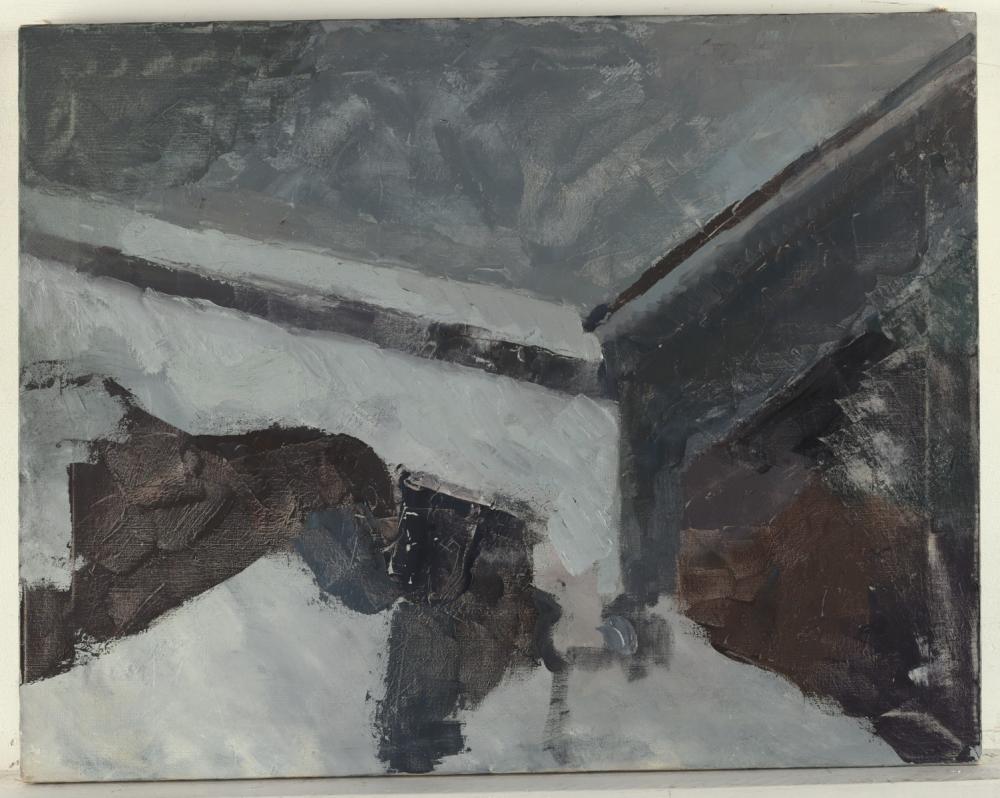 Mae Gruber "Grey Wood Table, NYC" Oil Painting