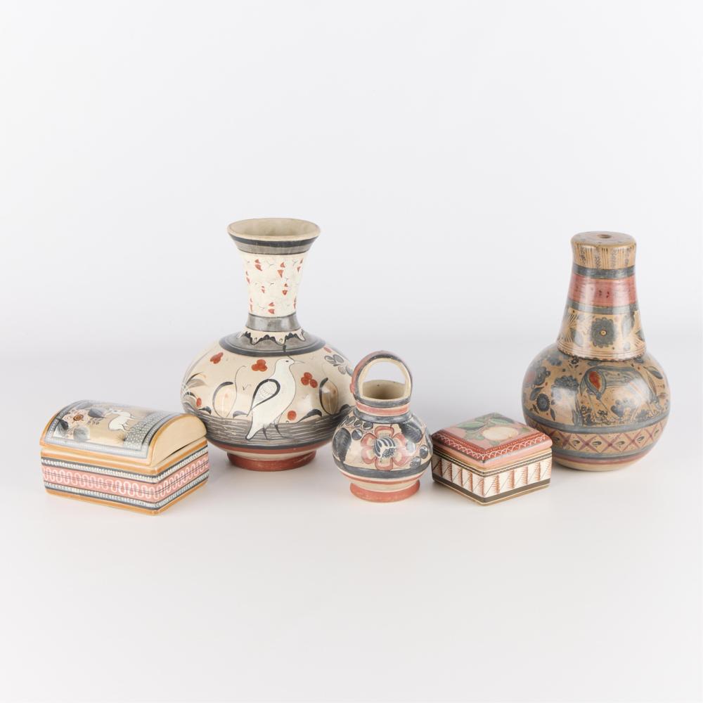 5 Mexican Burnished Tonala Brunido Pottery Vessels