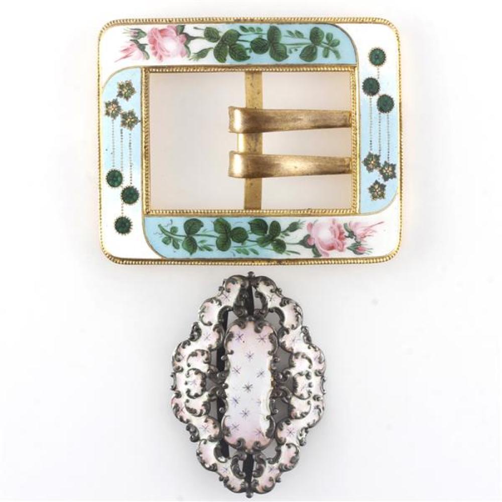 Two antique Victorian belt buckles; sterling silver with pink enamel & stars and large gold tone with painted rose design.