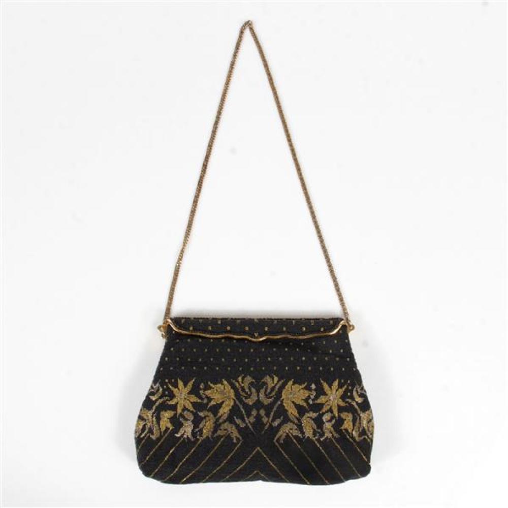 Vintage French handbag purse with gold and black microbeads in geometric leaf pattern, gold chain strap, black satin interior, two p...