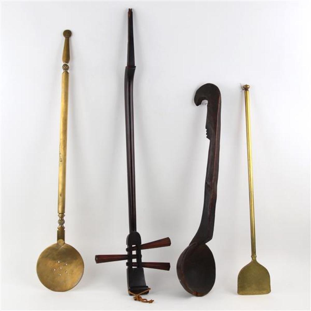 Ethnographic decorative lot; including tow long brass Middle Eastern? kitchen implements, large primitive carved ladle, with wooden...