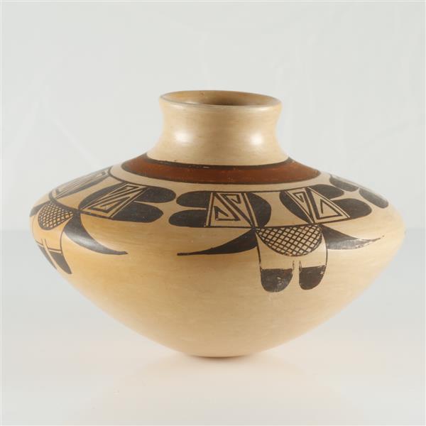 Dolly Navasie "White Swan" Native American Hopi polychrome pottery vase.