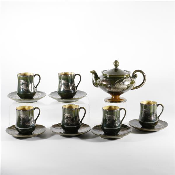 Japanese moss agate glazed stoneware tea set with silver deposit dragon decoration.