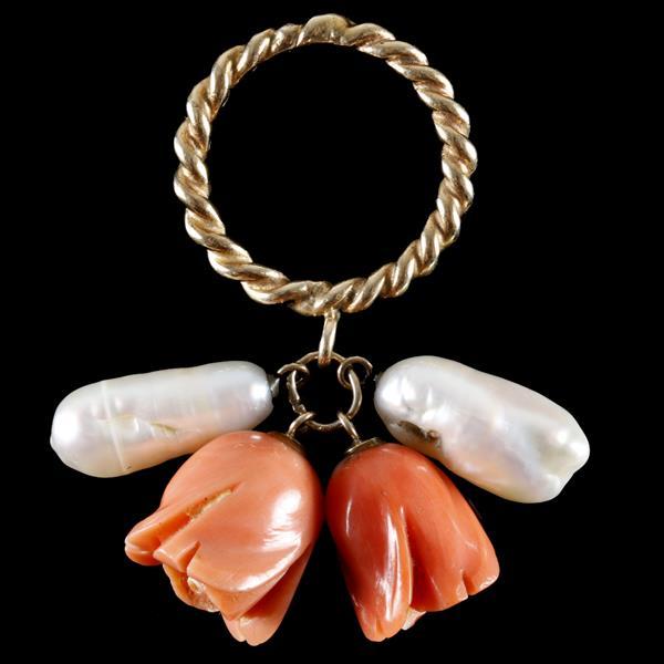 Vintage estate unmarked 14K gold cable twist ring with carved coral roses and freshwater pearl dangles.
