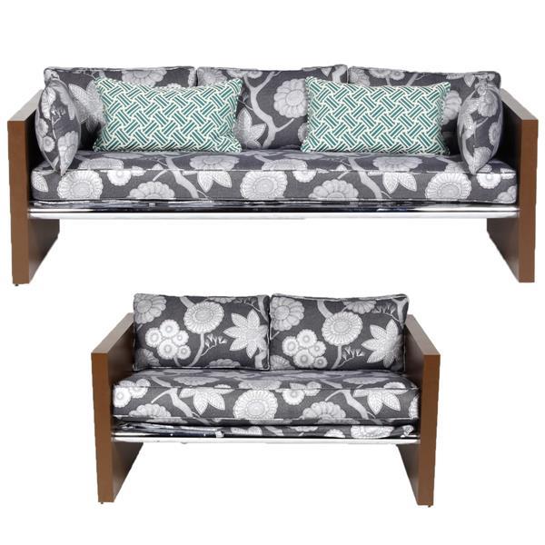Vintage mid century modern sofa and love seat set; chrome bar tube stretcher with strap 'sling' style construction and brown lacquer.