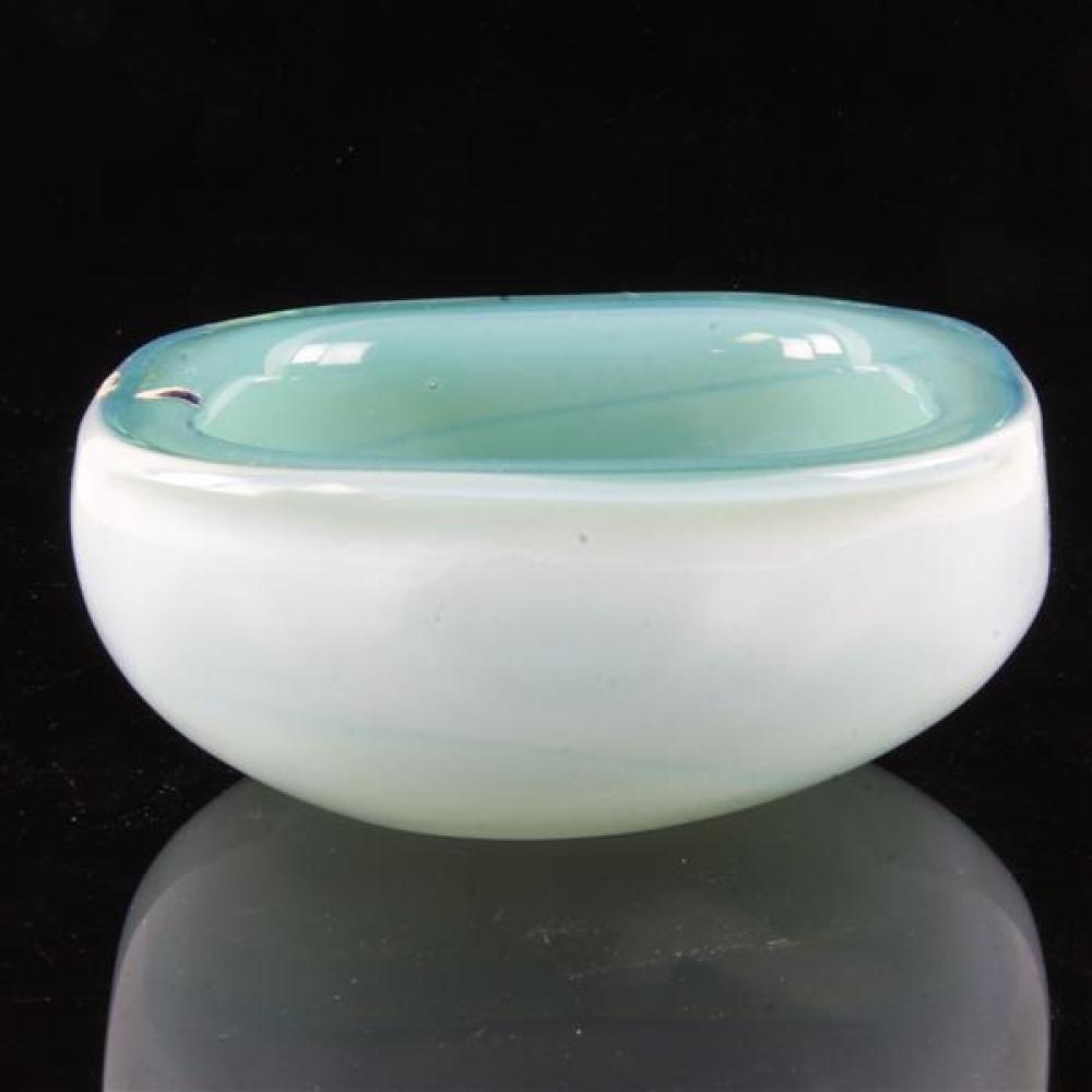 Cenedese opaline and green Murano art glass squared bowl.