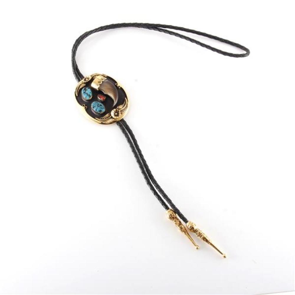 Vintage Native American Indian gold tone bolo tie with floral detail, two turquoise nuggets and coral.