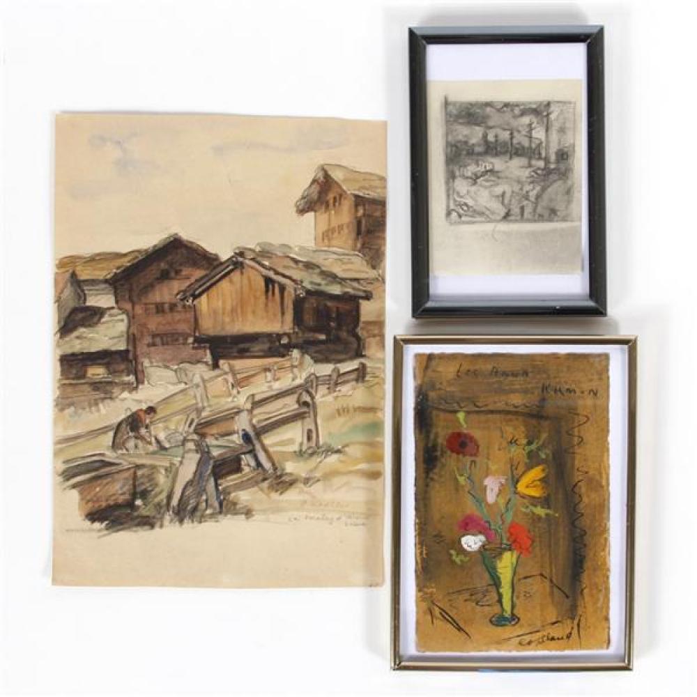 Three mini paintings; Copeland Burg's 'Vase with Flowers,' Ramon Shiva's sketch 'Nude Woman and Telephone Poles, D. Koehler's Swi