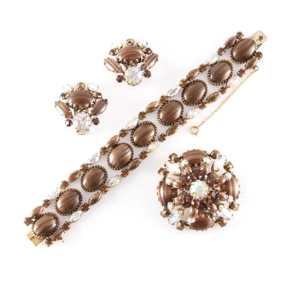 Unsigned Juliana fancy brown and amber stone and aurora borealis crystal 3-piece parure; bracelet, earrings, domed pin.