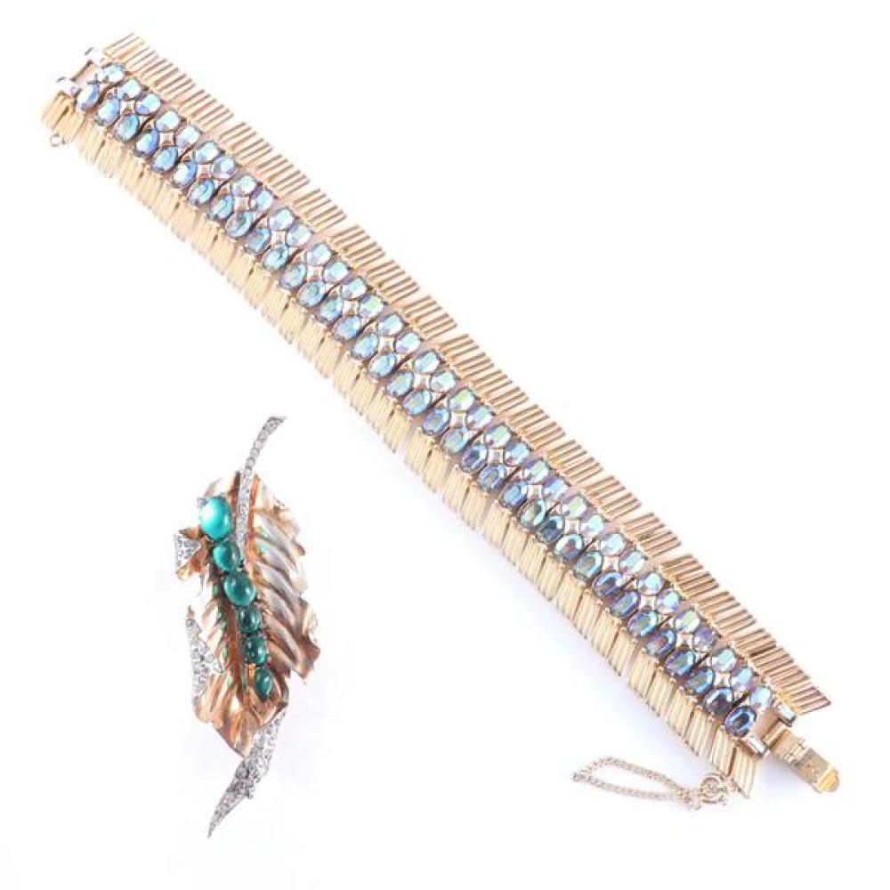 Trifari 2pc group; 1940s leaf pin with green cabochons & rhinestones with 1950s gold tone bracelet with aurora borealis crystal jewe...