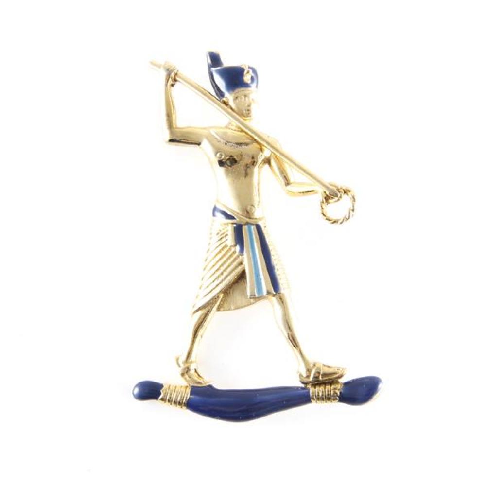 SPHINX of England 1960s Egyptian revival large gold tone figural Pharoah pin brooch with enamel.