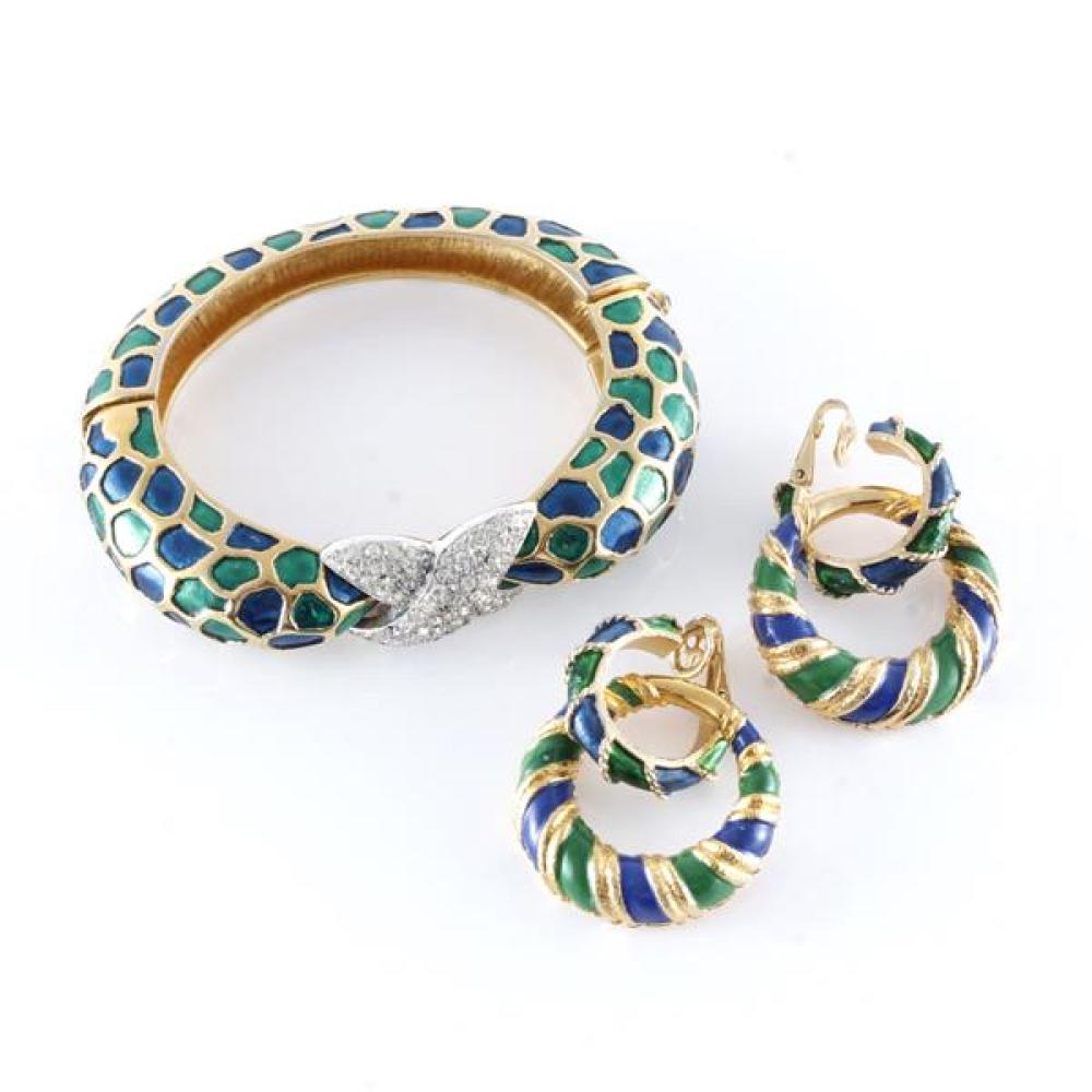 Gold tone with blue and green enamel 2pc; Jomaz mosaic style clamper bracelet with pave cross and Trifari hoop earrings, 1950s.