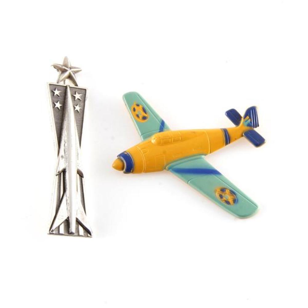 Two vintage 1940s WWII era Patriotic airplane bomber pins, one sterling, one with enamel.