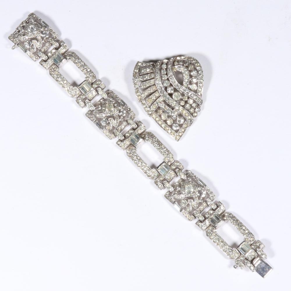 KTF Trifari Art Deco diamante floral panel bracelet and dress clip. 6 3/4"L x 3/4"W (bracelet)