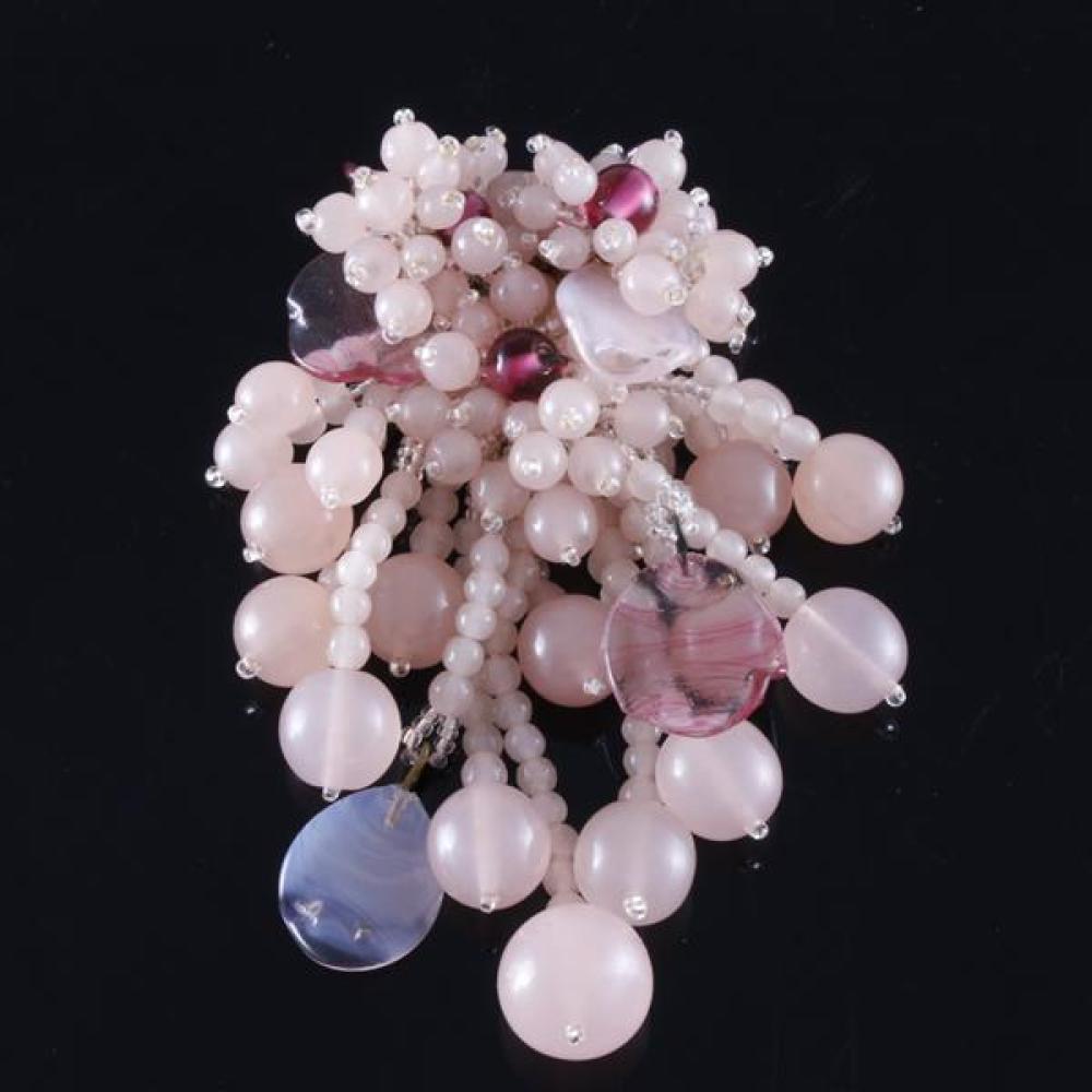 Unsigned Miriam Haskell Hess design drippy cascading French rose glass beaded flower cluster pin clip with light pink and cranberry...
