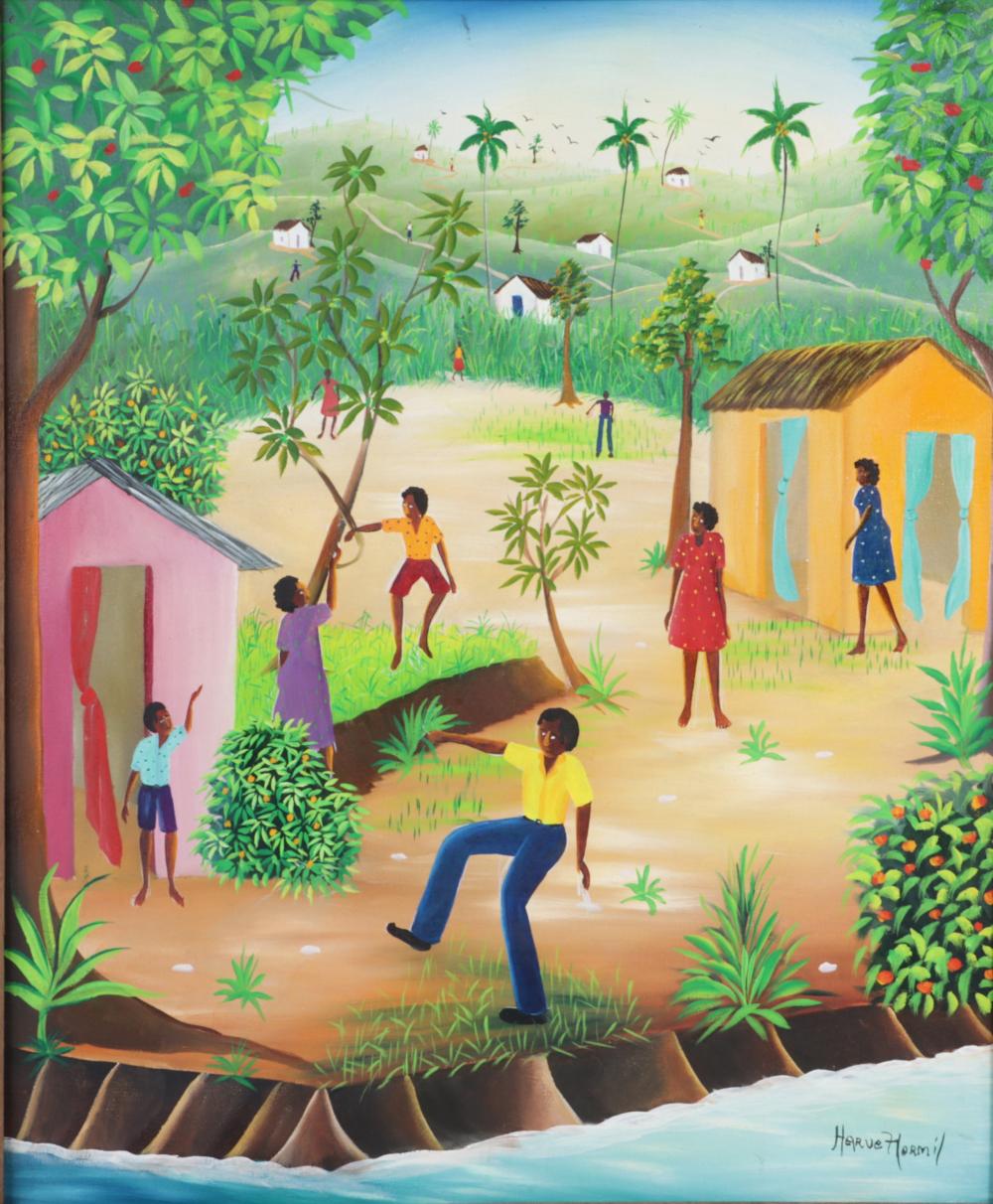 Harvey Normil, Haiti (20th Century), Haitian coastal village scene, oil on canvas, 23 3/8"H x 19 3/8"W (sight), 29 3/4"H x 25 3/4"W (frame)