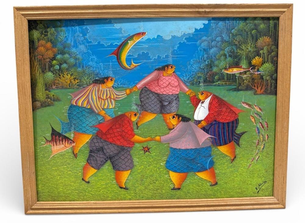 Peinture Acrylique Naïve D'André Blaise - Haïti, Animaux Signé