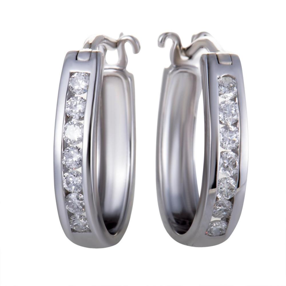 14K WHITE GOLD OVAL CHANNEL SET DIAMOND HOOP HUGGIES EARRINGS .33 CARAT (0.33 CTW) DIAMONDS