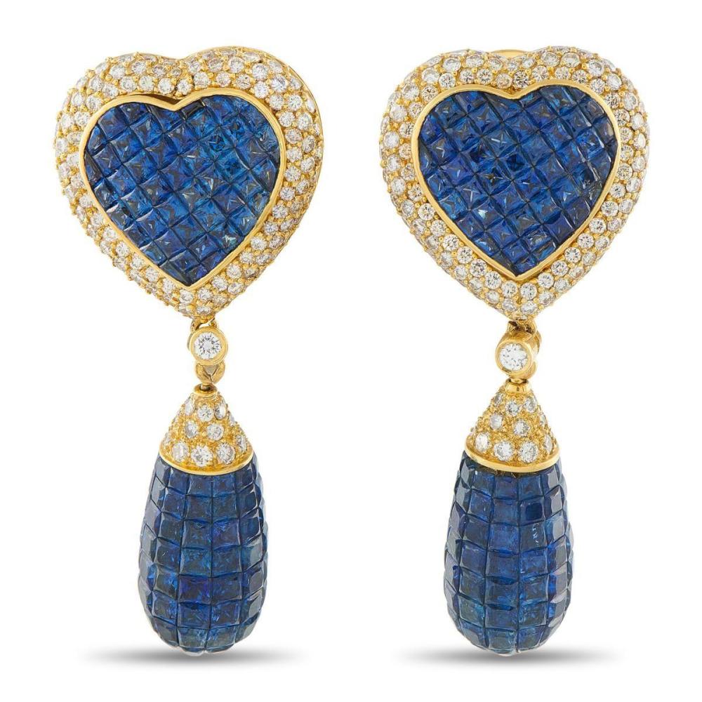 18K YELLOW GOLD 3.45CT DIAMOND AND SAPPHIRE HEART EARRINGS