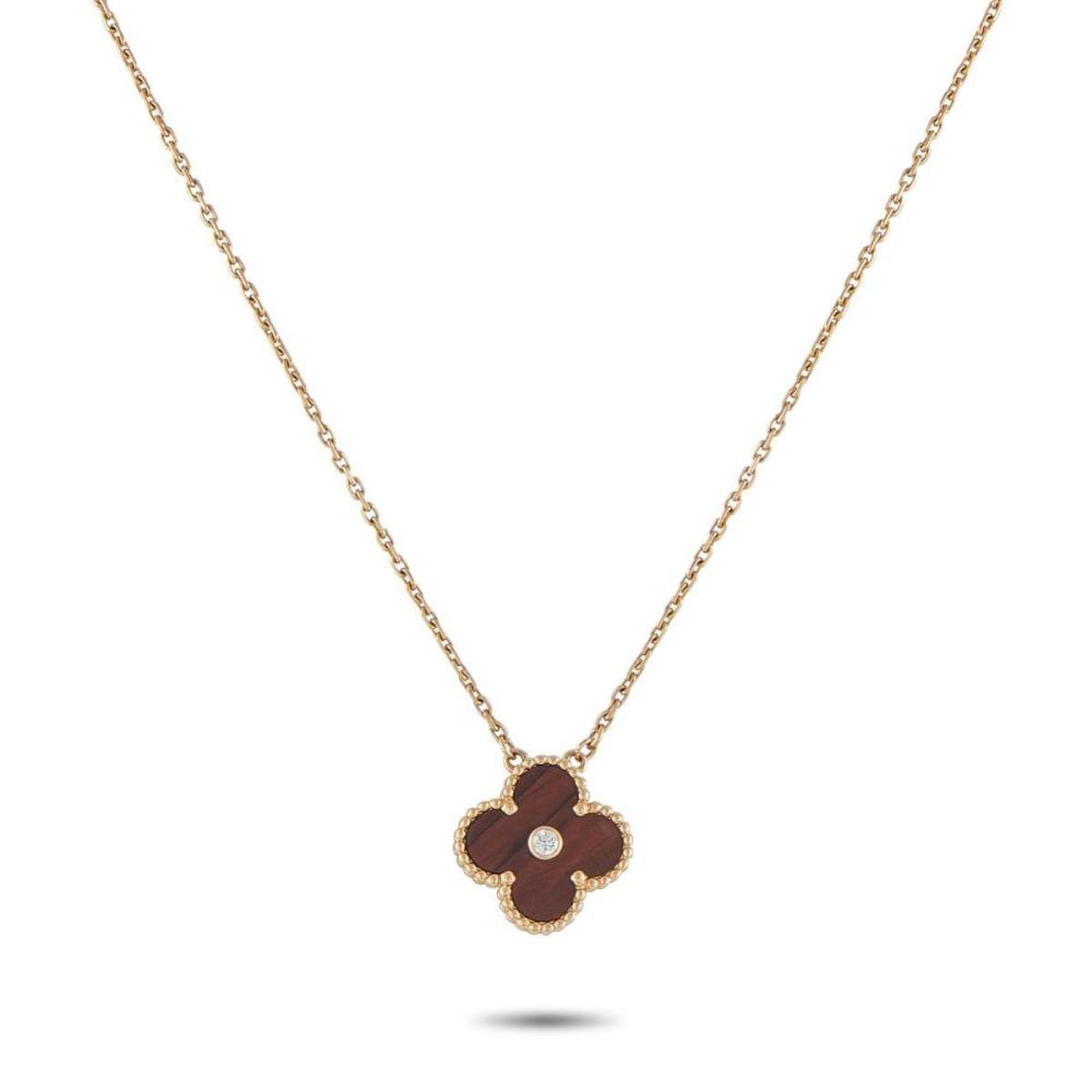 VAN CLEEF & ARPELS ALHAMBRA 18K ROSE GOLD DIAMOND AND BULLS EYE HOLIDAY PENDANT NECKLACE
