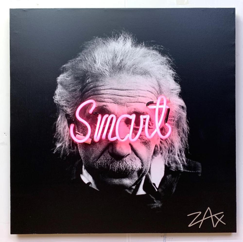 E.M. Zax Mixed Media One of a Kind on Canvas with Neon Light "Smart"