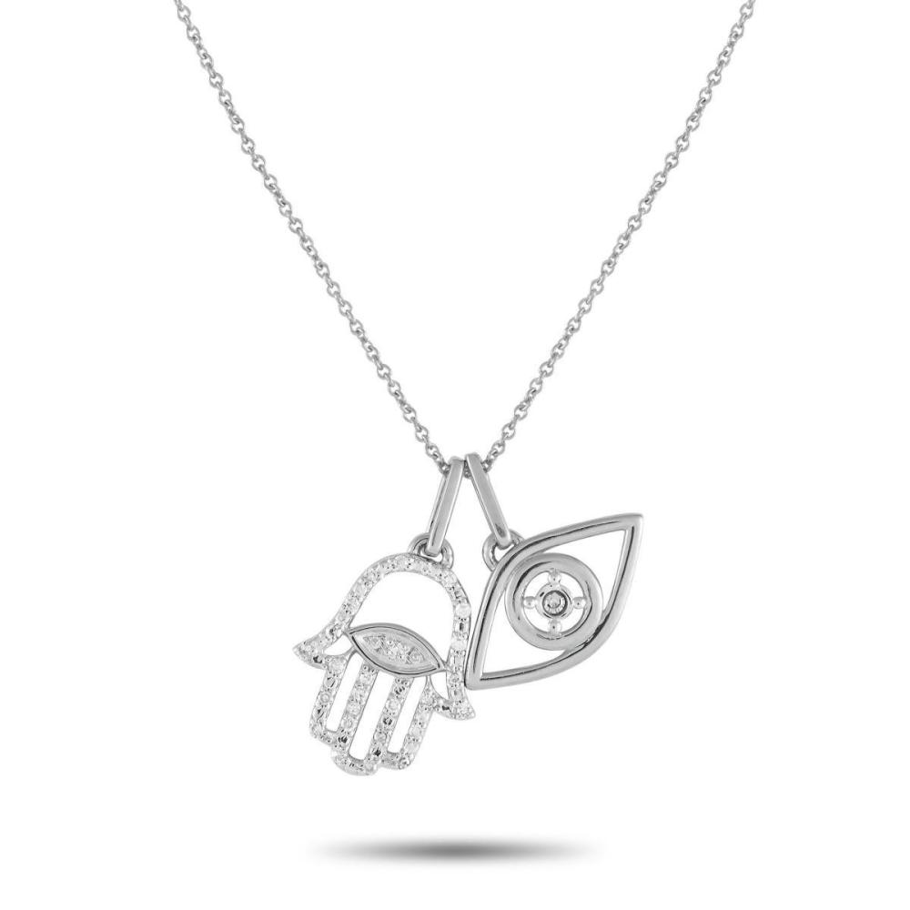 14K WHITE GOLD 0.10CT DIAMOND HAMSA PENDANT NECKLACE